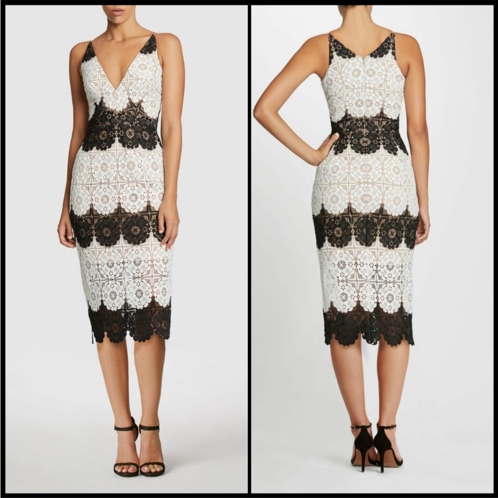 NWT Dress the Population Vera Black and White Crochet Midi Dress, size XS
